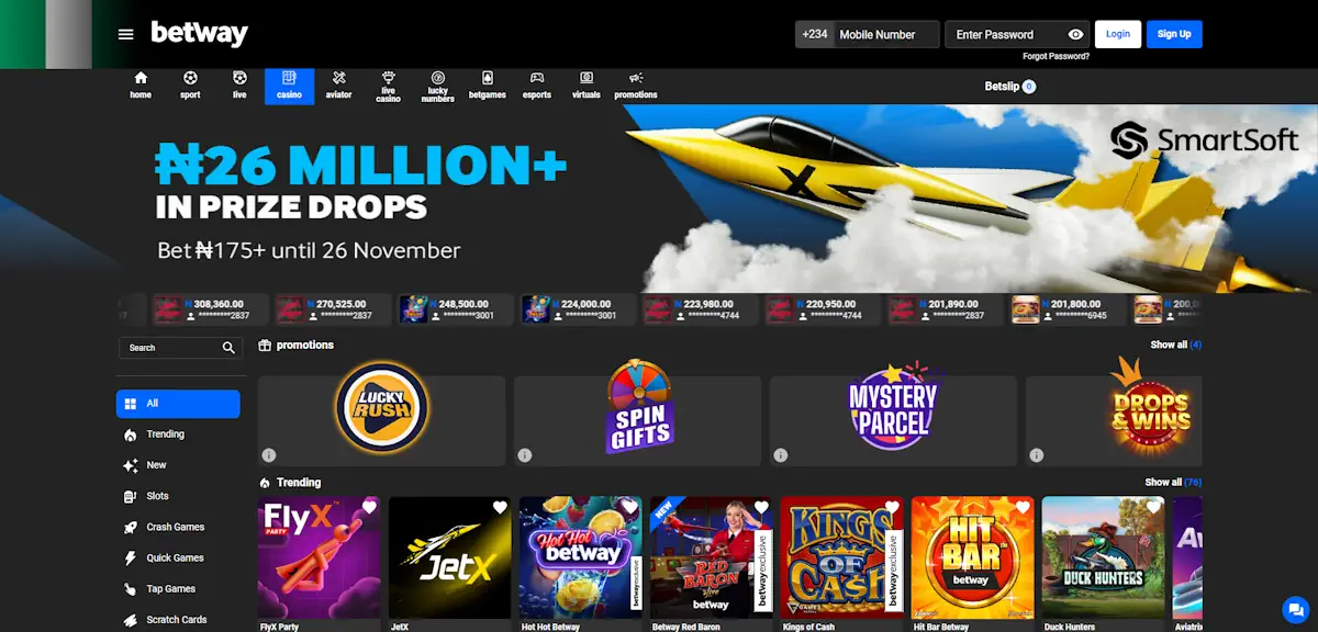 Betway Nigeria Casino Homepage Screenshot